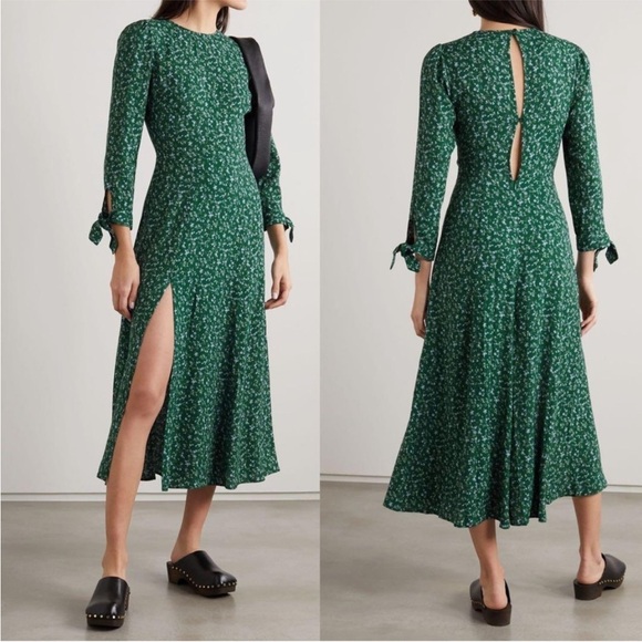 Reformation Dresses & Skirts - Reformation Green  Zelda Midi Dress Floral‎ Tie Sleeve Button Prairiecore Size 8